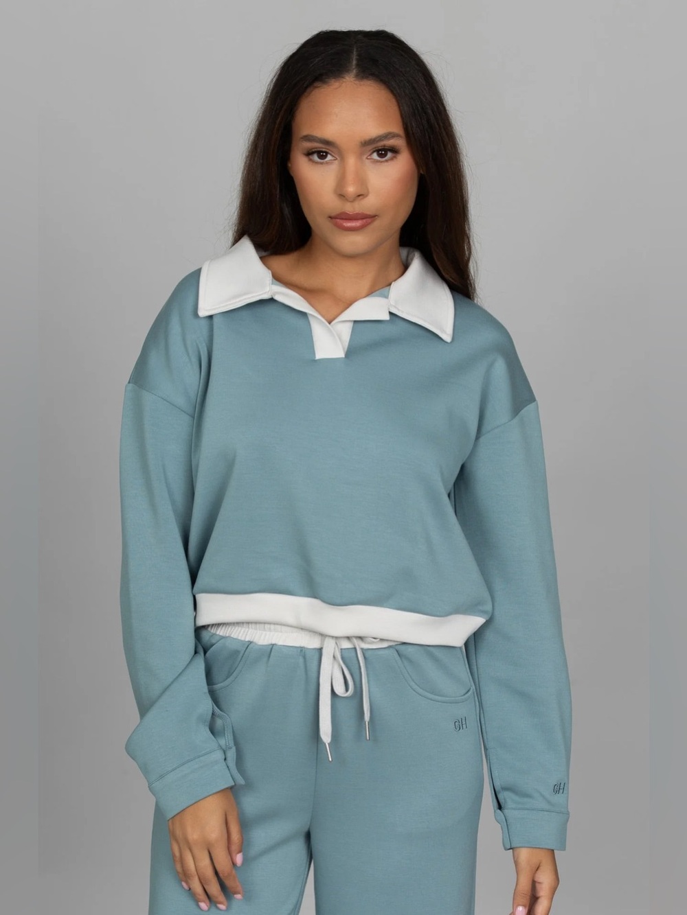 Gold Hinge Stone Blue LuxeSoft Collared Pullover Size Medium